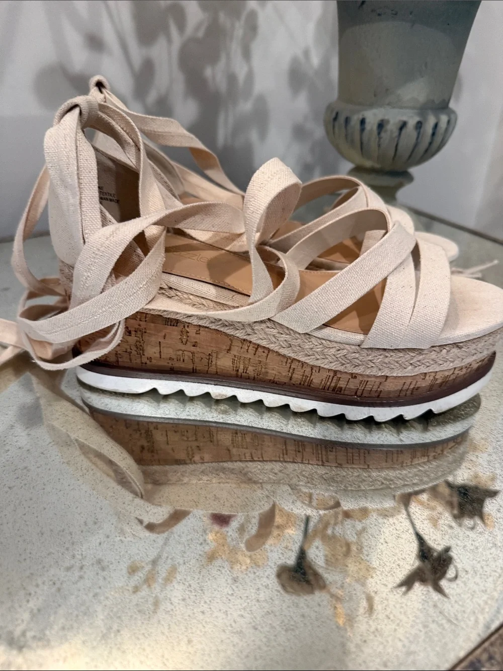 Shoe Dazzle Beige Canvas Lace-Up Espadrille Platforms